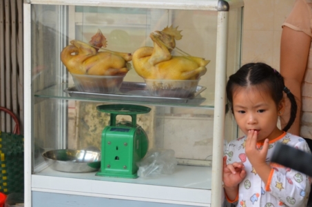 menina galinha comida rua vietnam hanoi